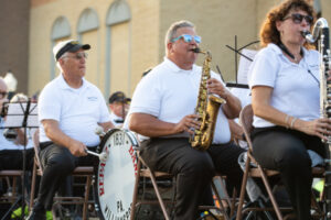 A band riding on a parade float