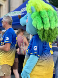 Audience member and mascot wearing matching shirts